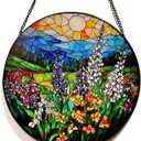 Stained Glass Suncatcher,Wildflower Stained Glass Window Hanging, Mountain Landscape Sun Catcher, Stained Glass Art, Floral Window Decor Gifts (9.8 in, Colorful Flowers)