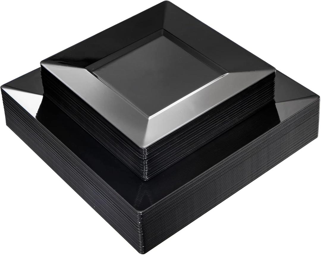 Liacere 60PCS Black Plastic Plates - Premium Square Disposable Plates - Include 30PCS 9.5inch Dinner Plates - 30PCS 7inch Dessert Plates for Party & New Year & Father's Day
