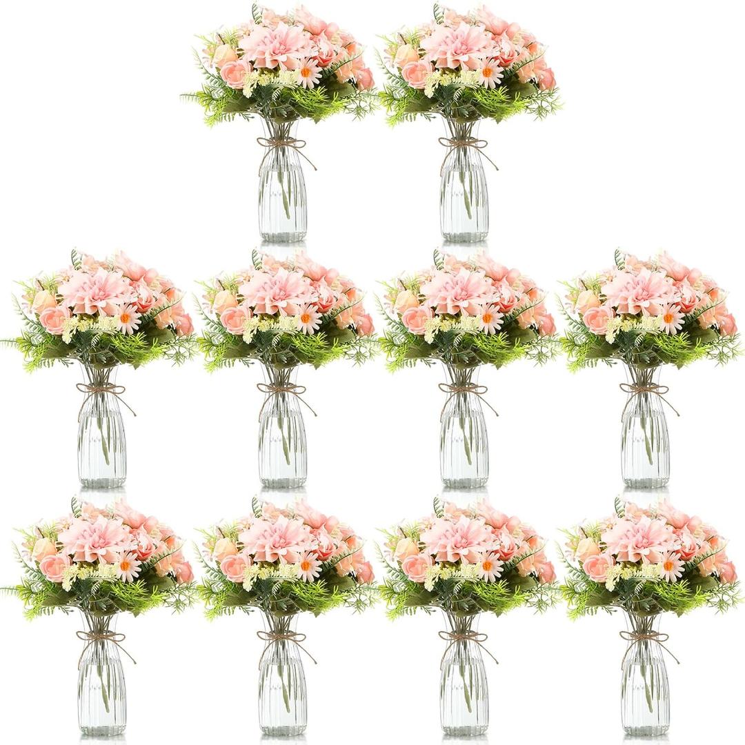 30 Pack Artificial Flowers with Vase Bulk, 20 Bundles Silk Floral Bouquet 10 Clear Vase with 1 Pcs Rope, Mason Jar Table Centerpiece Arrangement Wedding Party Decor(Dahlia,Pink)