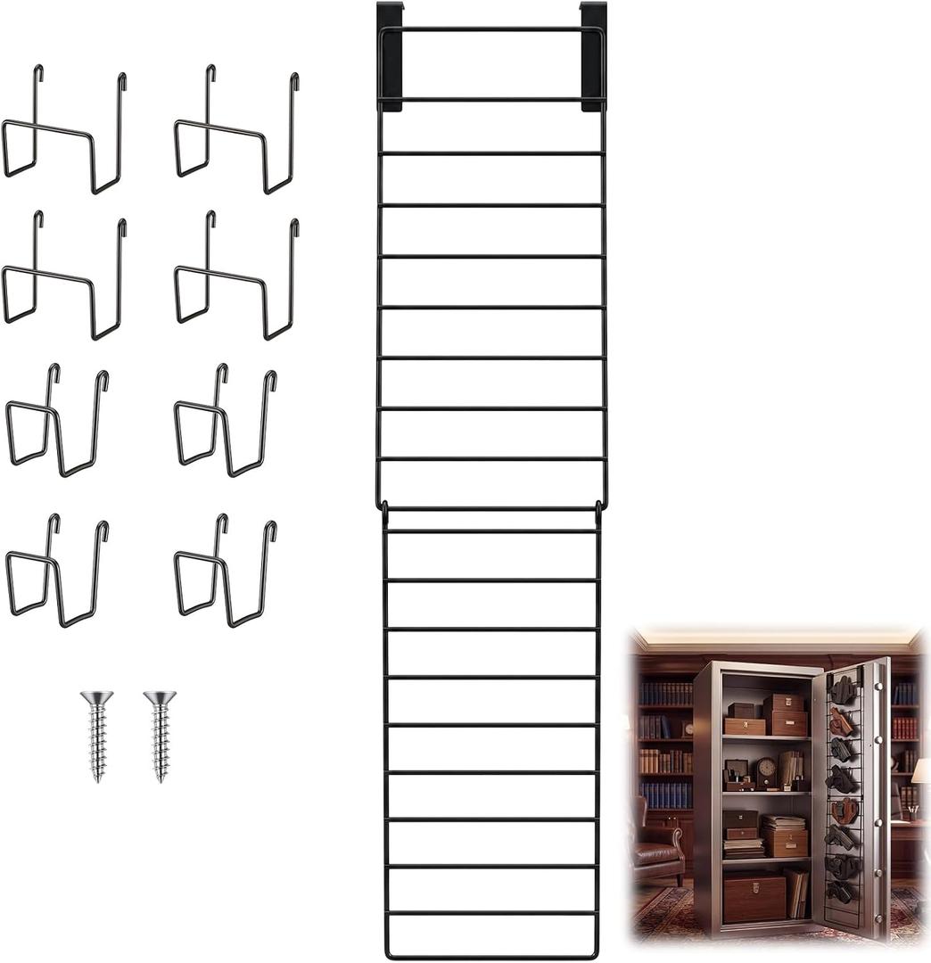 Gisafai Gun Safe Door Organizer for 8 Handguns Adjustable Pistol Rack with Heavy Duty Hooks Safe Door Storage Organizer for Display Pistol Hanger Magazines Tactical Gear Accessories, Space Saving