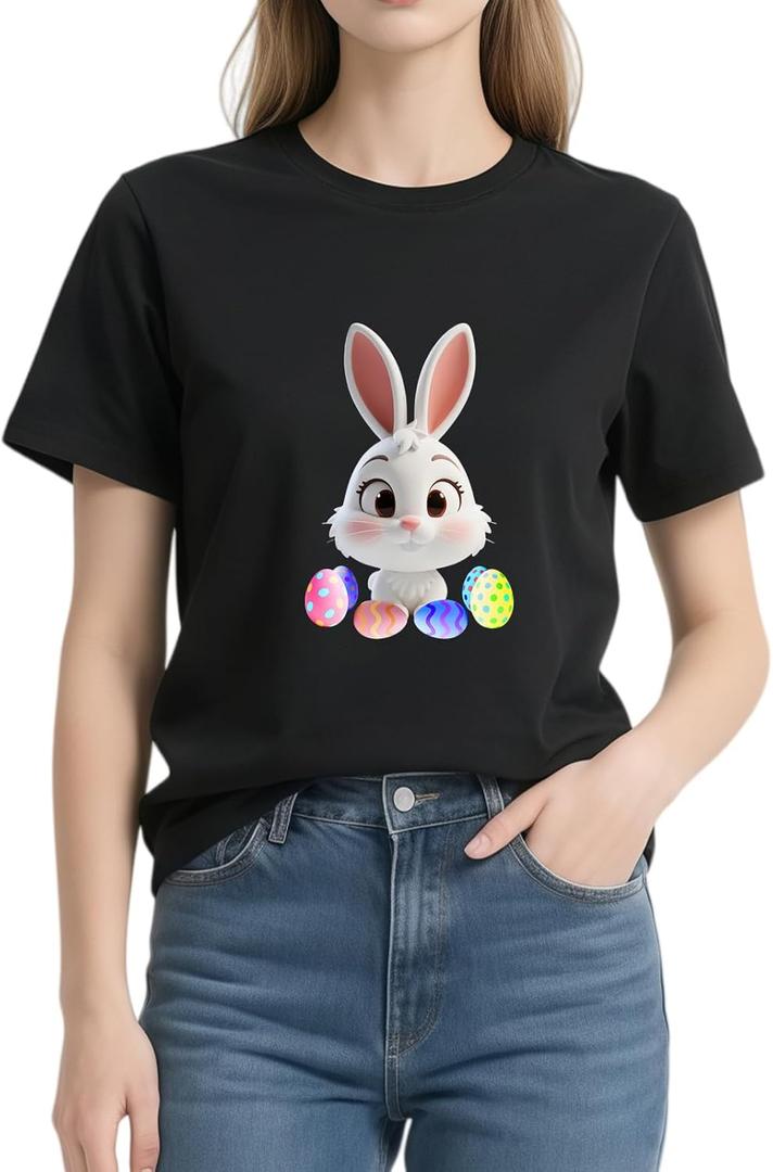 Women's Easter Shirts: Bunny Eggs Pattern Casual Round Neck Short Sleeve T-Shirt (XL)