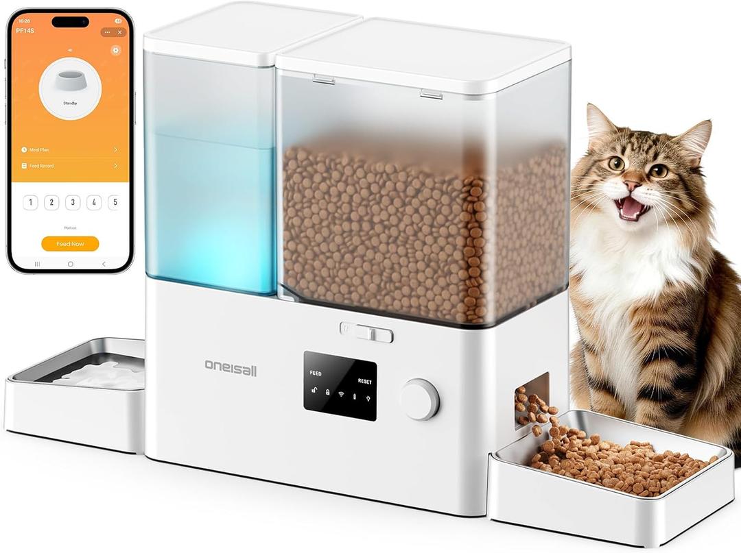 oneisall WiFi Automatic Cat Feeder and Water Dispenser, 2-in-1 Timed Cat Feeder and Gravity-Fed Water System, 36Cups/8.5L Large Capacity Pet Feeder, Easy-Clean Dry Food Dispenser with APP Control