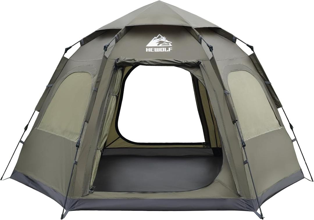 Hewolf 2/3/4 Person Camping Tent - Instant Pop Up Waterproof 2 Doors Tent with Easy Setup | 3-Season Hexagonal Dome Design for Family, Hiking & Traveling (Single-Layer Green)