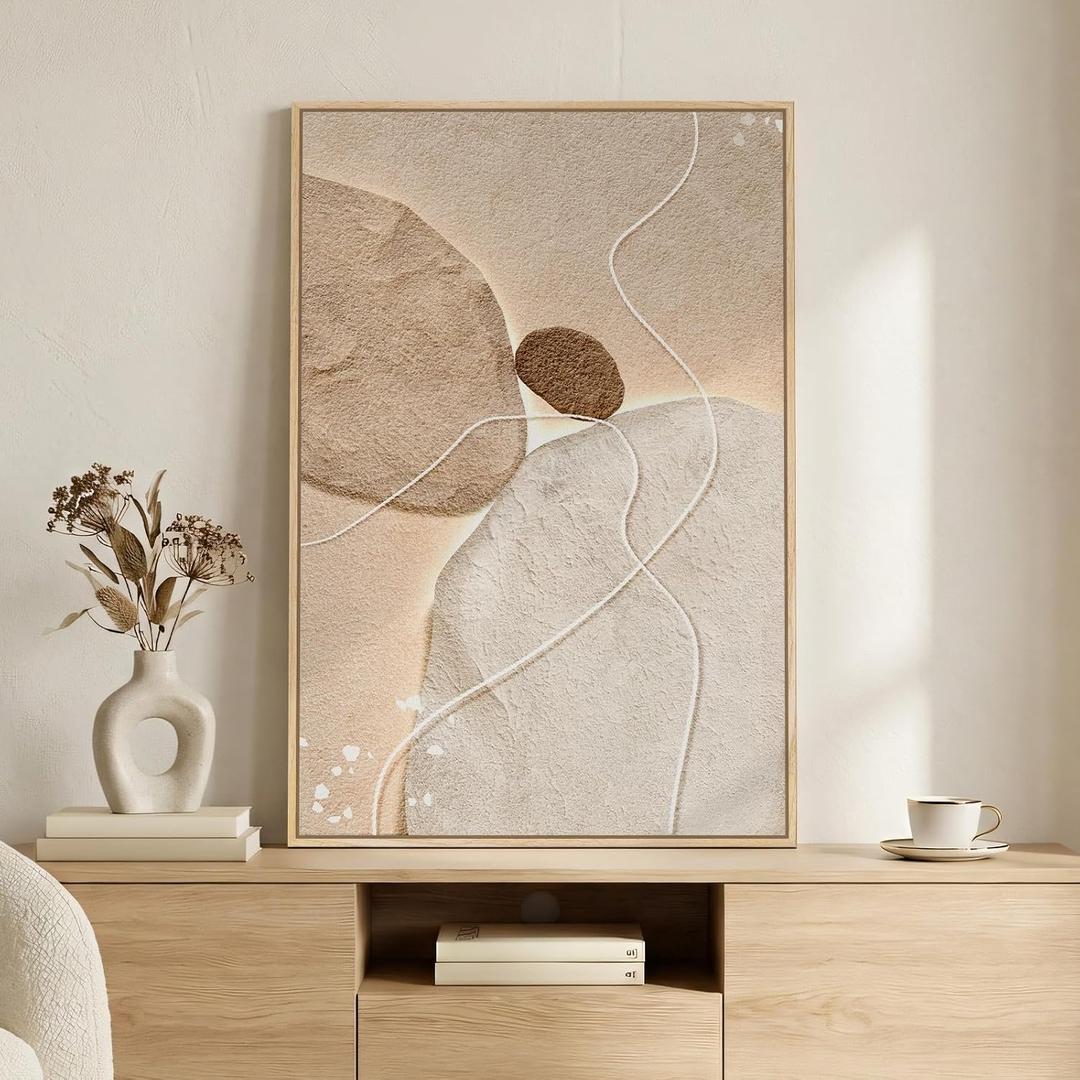 Large Framed Neutral Abstract Wall Art, Modern Beige Brown Canvas Prints Paintings, Minimalist Stone Shape Line Pictures Artwork Decor for Living Room Dining Bedroom Entryway 24x36 Inch