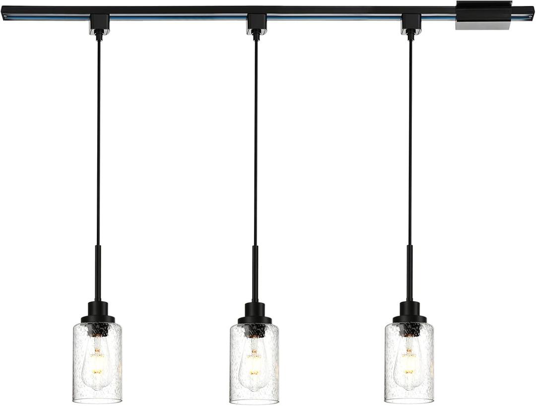 H-Type Track Lighting, 3-Pack Black Pendants Light Fixtures with 40-Inch Track Lighting Rail & H Track Floating Canopy Connector, Dining Room Hanging Light Seeded Glass Shades E26 Bulb Base