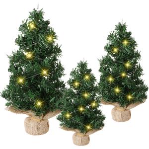 Shappy 3 Pcs Mini Christmas Tree with Light Pre Lit Xmas Artificial Tabletop Tree LED Miniature Christmas Tree with Linen Base for Indoor Home Kitchen Dining Table Holiday Decorations, Assorted Sizes