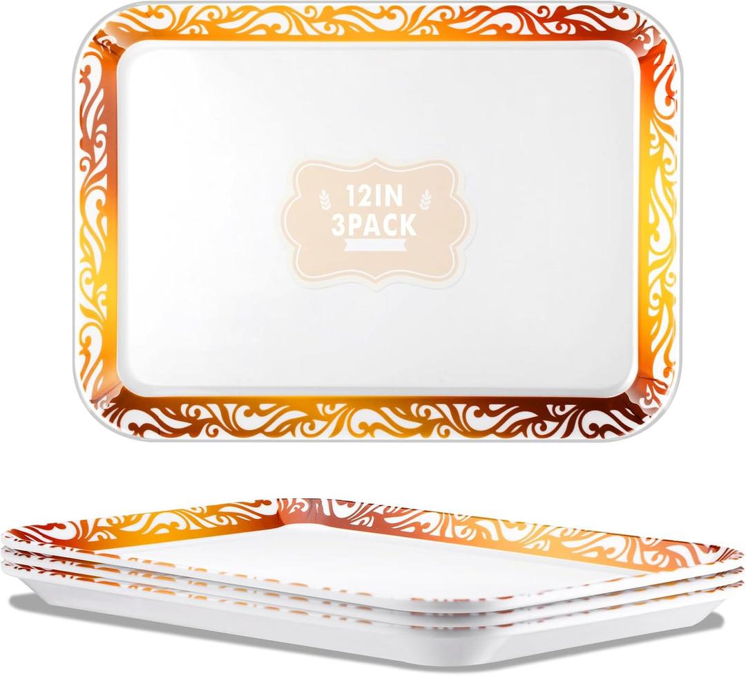 3 Pack Thanksgiving Day Fall Serving Tray 12x8.7 Inch Turkey Serving Platter for Entertainment Large Reusable Dessert Trays Imitation Porcelain Design for Home Party