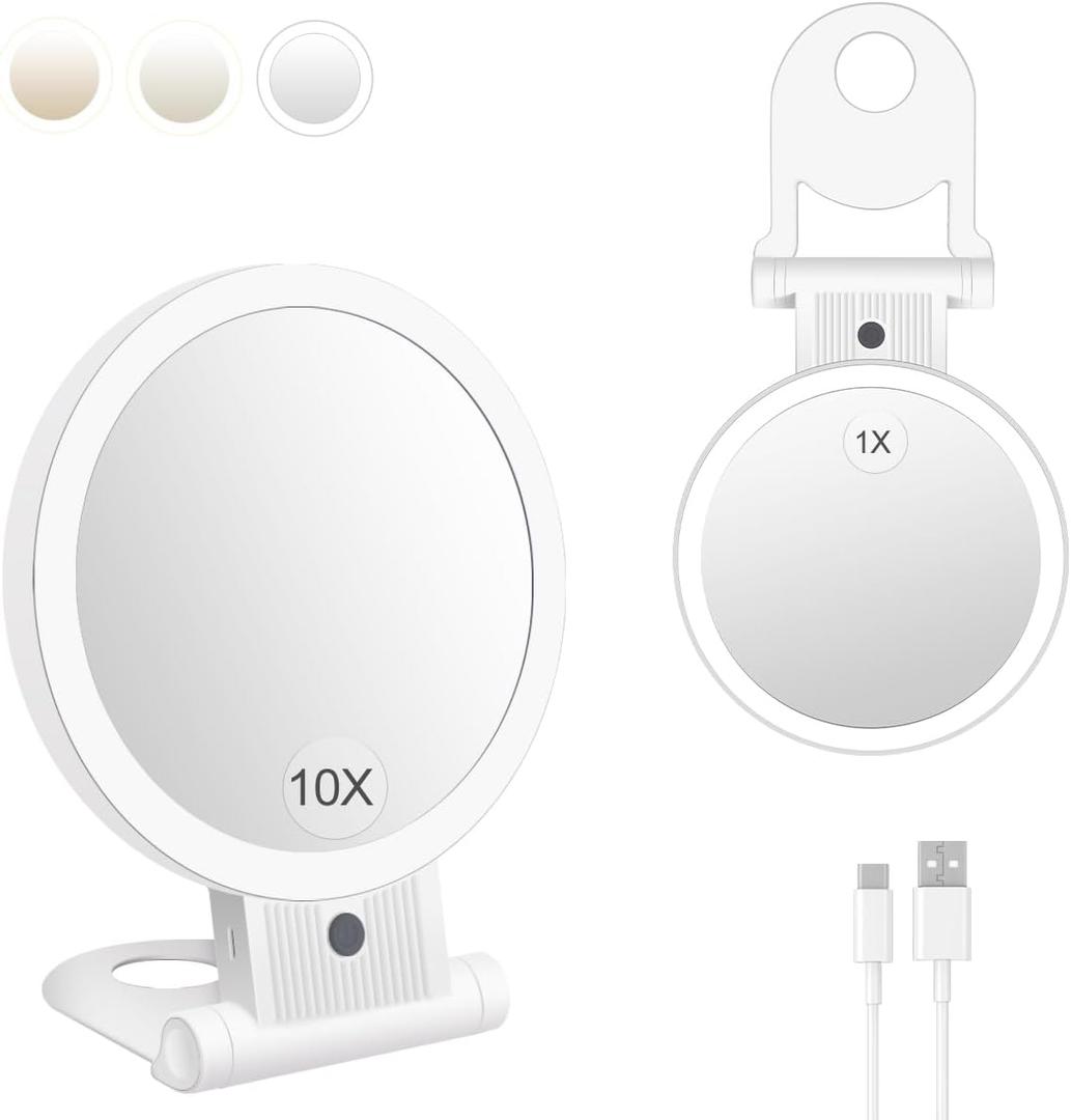 MILEDUO Lighted Makeup Mirror, 1X/10X Magnifying Mirror with Lights, Vanity Mirror with 3 Color Light Brightness Adjustable, Double Sided Switch, Rechargeable Hand Mirror Hanging Tabletop Mirror