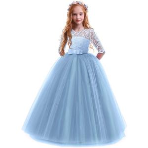 Girls Flower Vintage Floral Lace 3/4 Sleeves Floor Length Dress Wedding Party Evening Formal Pegeant Dance Gown, Size 170 (Blue)