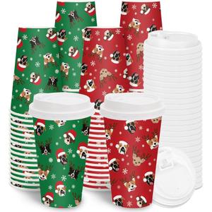 Whaline 50 Set Christmas Disposable Coffee Cup with Lid 16 Oz Red Green Dog Paper Drinking Cups To Go Cups for Hot Cold Drinks Tea Winter Xmas Party Supplies