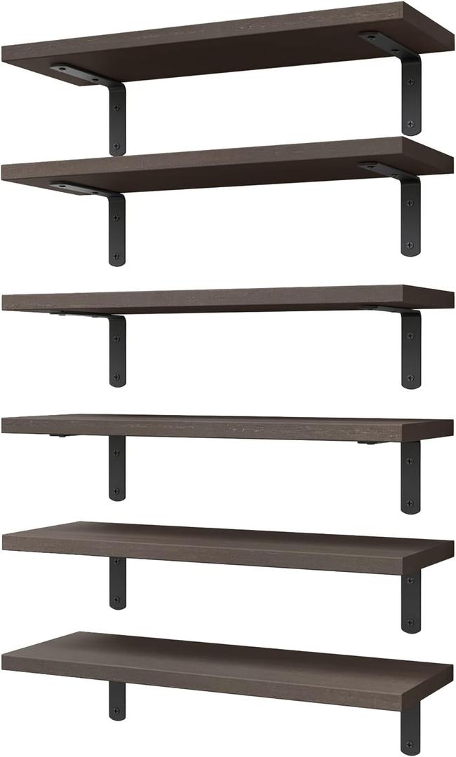WOPITUES Wood Floating Shelves Set of 6, Shelves for Wall Decor, Farmhouse Shelf for Bedroom, Bathroom Storage Shelves, Book Shelves for Living Room, Dark Brown (16.5 Inch)