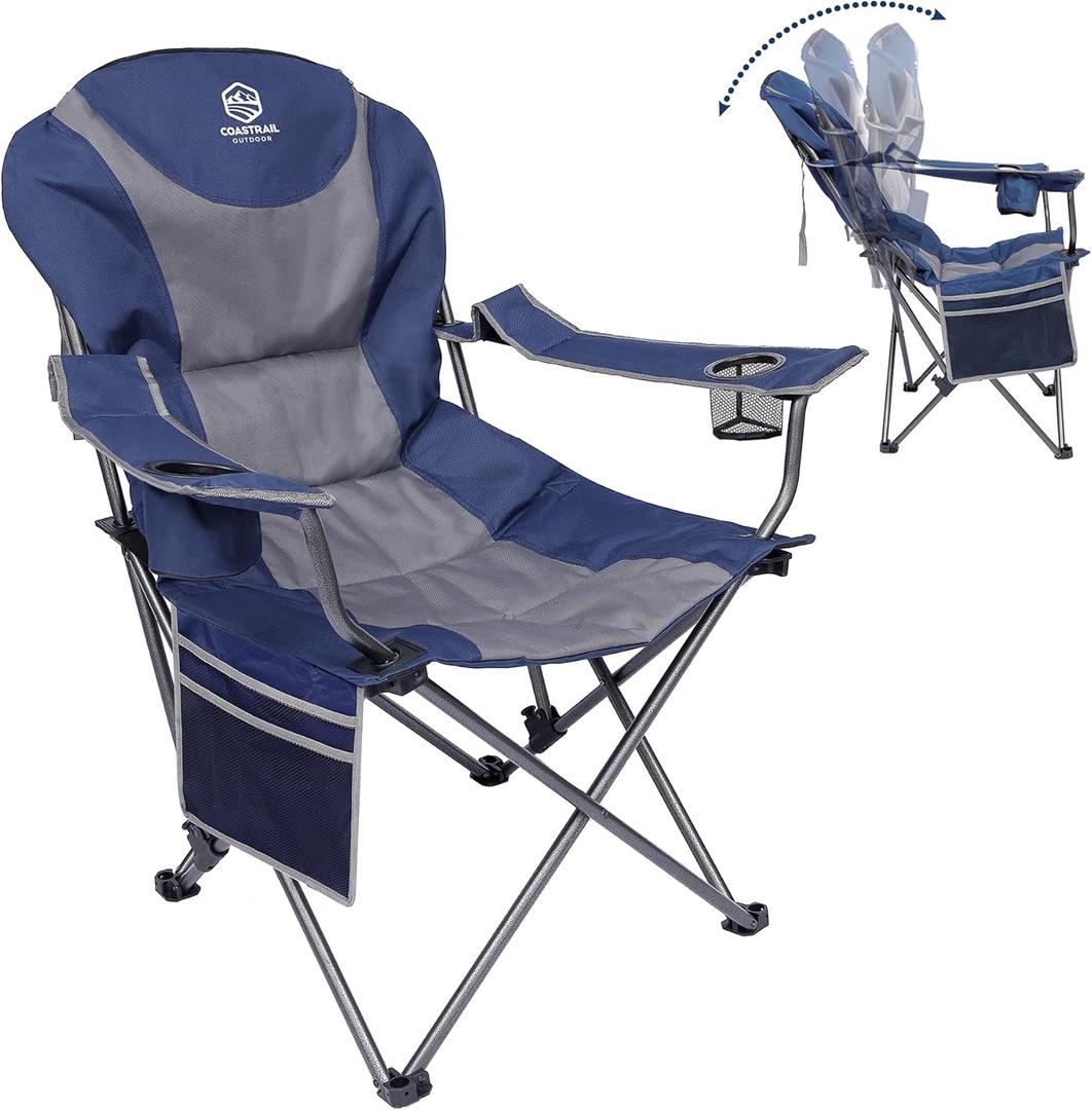 Coastrail Outdoor Reclining Camping Chair 3 Position Folding Lawn Chair for Adults Padded Comfort Camp Chair with Cup Holders, Head Bag and Side Pockets, Supports 350lbs, Blue&Grey