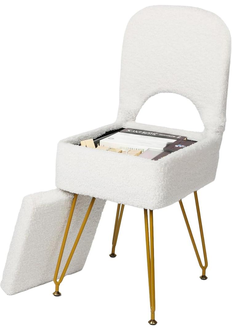 Mapleway Small Vanity Stool Chair with Storage and Adjustable Folding Back 12.6" x 13.8" x 29.9" Alpaca Fur Soft Ottoman 4 Metal Legs with Anti-Slip Feet Furry Padded Seat for Makeup, Bedroom, White