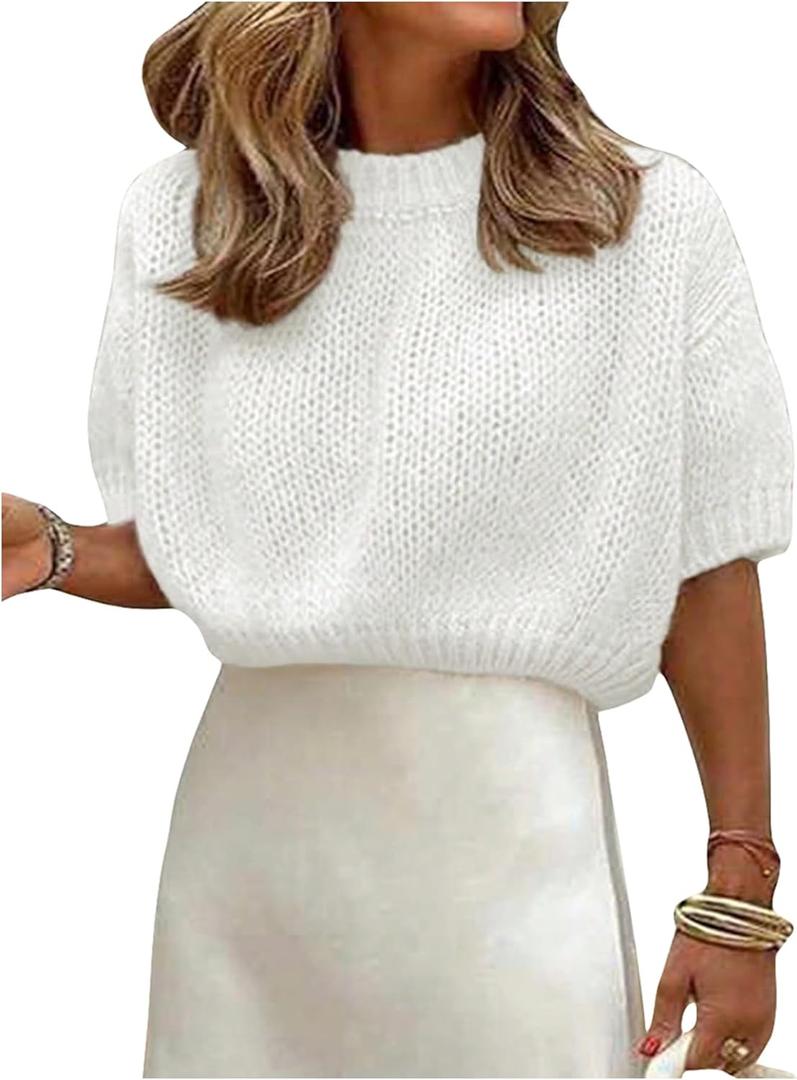 GORGLITTER Women's Puff Sleeve Crewneck Knit Shirt Top Short Sleeve Solid Loose Sweater (X-Large)