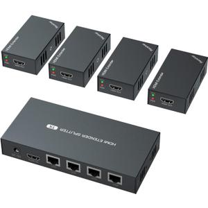 HDMI Extender Splitter 1x4 1080P@60Hz Over Cat 5E/6/7 Ethernet Cable 50m (165ft) Support EDID Copy POC Function (1 in 4 Out)