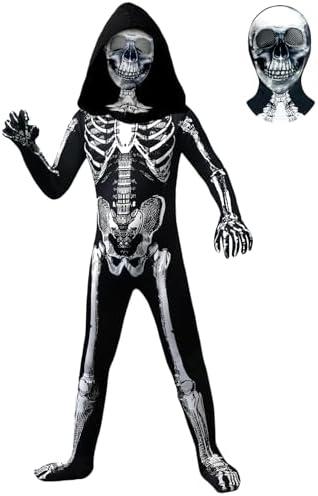 Kids Halloween Skeleton Costume, Hooded Skeleton Jumpsuit Bones with Mask for Boys and Girls Halloween Cosplay Costume Party