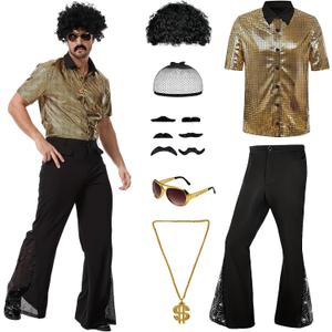70s Disco Outfit Costume for Men, Include Shirt Bell Bottom Pants Wig Sunglasses Necklace Wig Cap, for Disco Party