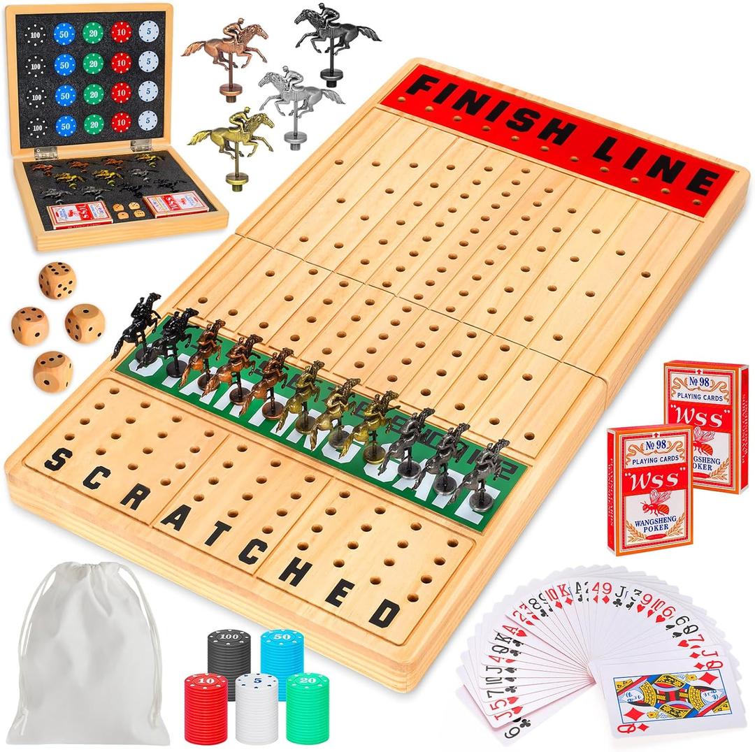 Large 21 Inches Horse Race Board Game, Horse Racing Games with Cards and Dice & 11 Luxury Metal Foals, Thickened Wood Chessboard, Classic Wooden Table Top Board Games for Adults and Family