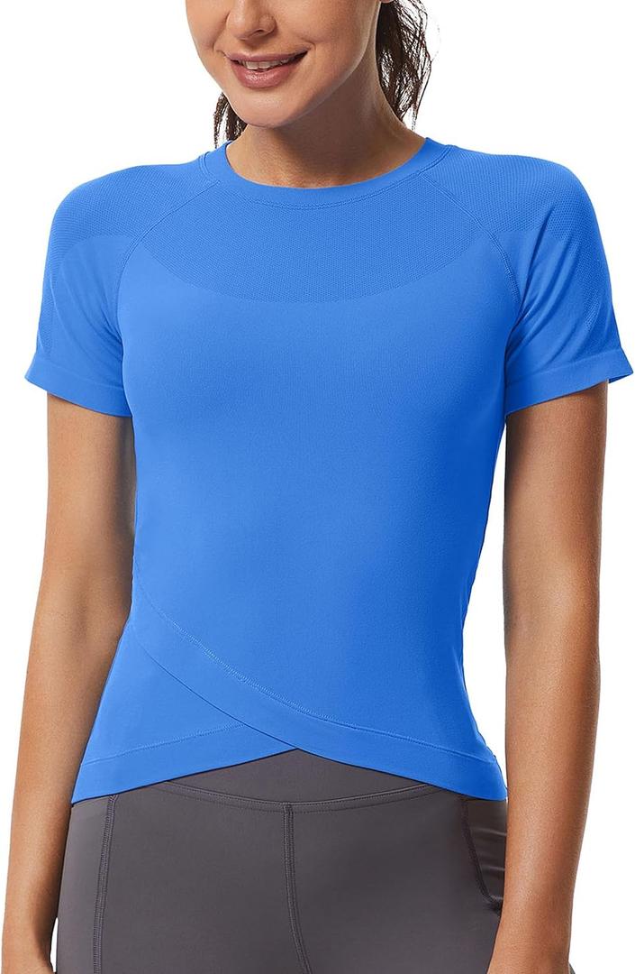 MathCat Workout Shirts for Women, Workout Tops for Women Short Sleeve, Cross Hem Compression Shirts (XS, Lake Blue)