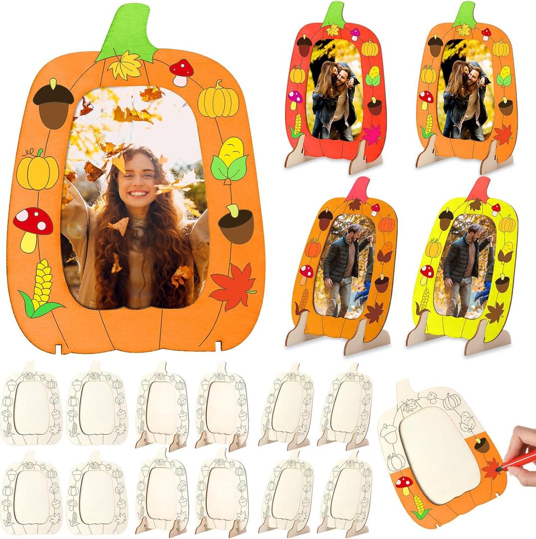 Geelin 12 Pack Fall DIY Wooden Pumpkin Picture Frames Craft Kits Pumpkin Photo Frame Ornaments for Thanksgiving Autumn Art Fall Craft Decoration for Home Classroom Activities Gift Party Favor (Fresh)