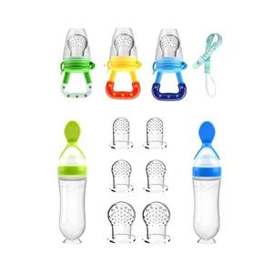 Food Feeder Baby Fruit Pacifier (3 Pcs) with 6 Different Sized Silicone Pacifiers 2 PCS Dispensing Spoon 90ML Spoons Clip Infant Teething Feeders -Blue