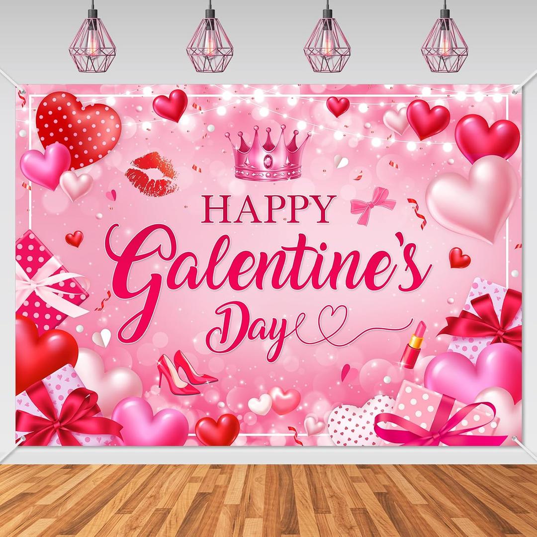 Mocsicka Galentines Day Decorations Banner Pink Happy Galentines Day Backdrop for Girls Gang Party Decorations Photo Booth Props (7x5ft)