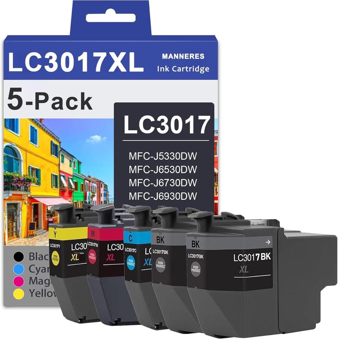 LC3017XL High Yield Ink Cartridges (5-Pack,2 Black/1 Cyan/1 Magenta/1 Yellow) - MNRS Compatible LC3017 XL Ink Cartridges Replacement for Brother LC3017XL MFC-J5330DW MFC-J6530DW MFC-J6530DW Printer