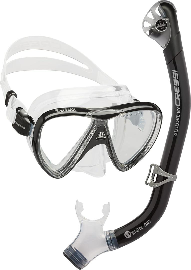 Cressi Adult Snorkeling Kit, Mask & Dry Snorkel - Quality Equipment for Discovering The Underwater World - Ocean Combo: Designed in Italy (Black/Clear)