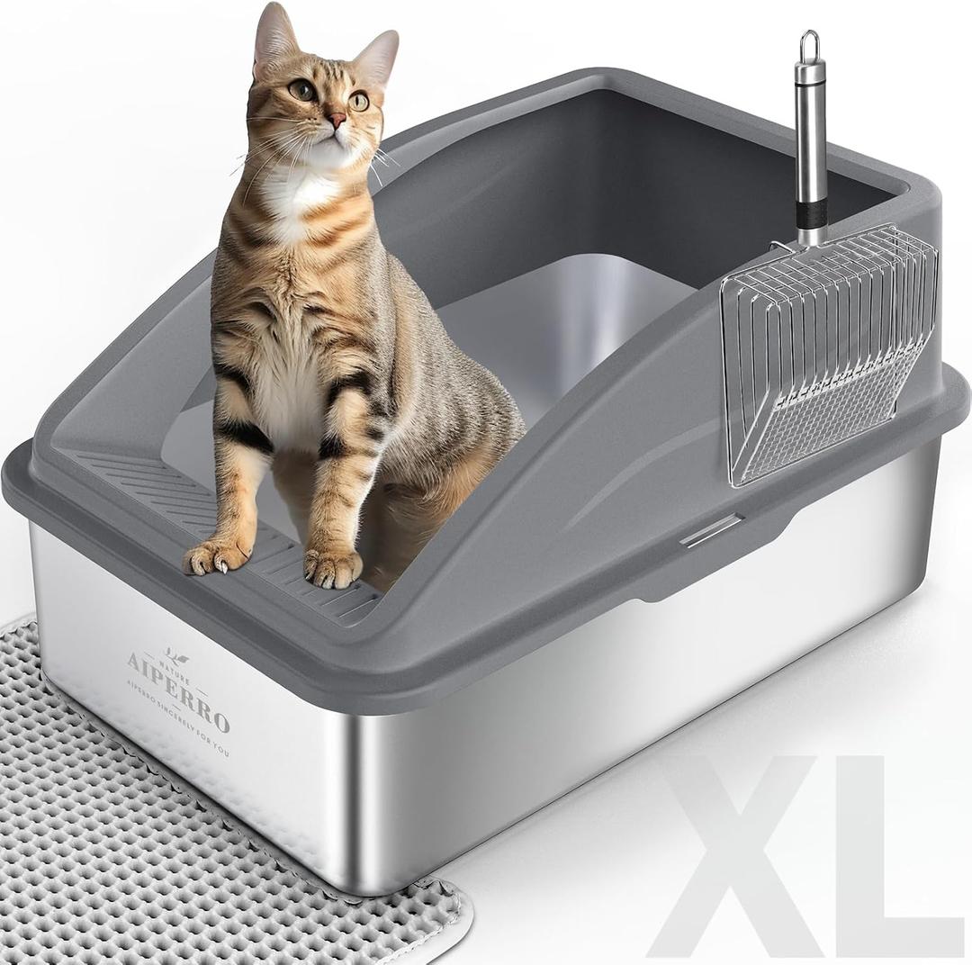 AIPERRO Stainless Steel Litter Box | XL Enclosed Cat Litter Boxs with Lid for Big Cats | High Sided, Anti-Urine Leakage | Non-Stick Bottom & Includes Litter Mat & Metal Scoop (Dark Gray)