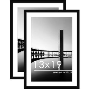 PEALSN 13x19 Picture Frame Set of 2, Display Pictures 11 x 17 with Mat or 13 x 19 without Mat for Wall Mounting Display, Poster Frames, Black