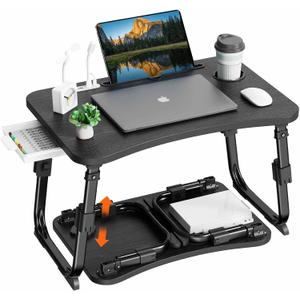 BYMECOST Laptop Desk for Bed, Height Adjustable Laptop Bed Table, Foldable Portable Lap Desk Stand with USB/Storage Drawer/Cup Holder/Slot, Breakfast Tray for Working Reading Writing Eating
