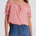 Aupuls Womens Off Shoulder Tops Puffy Sleeve Casual Summer Top Renaissance Shirt (Pink, XL)