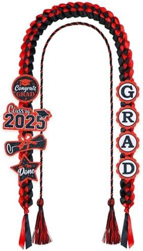 JOTFA Graduation Leis 2025 and Graduation Cords, Graduation Money Leis with 8 Graduation Glitter Patches for Graduation Party Decorations (Graduation Lei & Graduation Cord, Red & Black)
