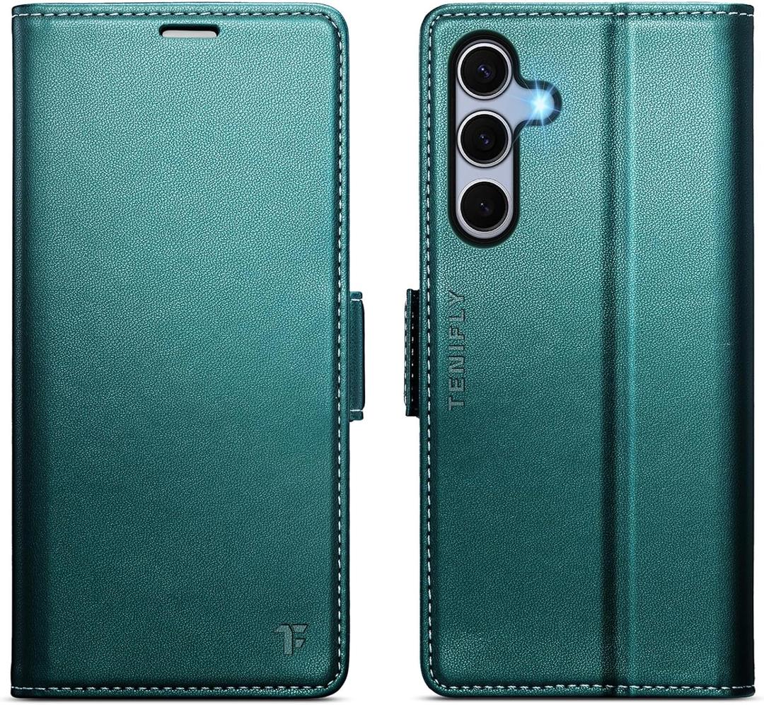 for Samsung Galaxy S25 Case Wallet with RFID Blocking Card Holder, PU Leather Kickstand Protective Flip Phone Cover Fit for Galaxy S25 6.2", Bluish Green