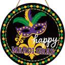 Happy Mardi Gras Door Decorations,Mardi Gras Door Hanger,Masquerade Decorations,Fleur De Lis Mask Beads Decor,New Orleans Brazi Carnival Wooden Wall Decor for Home Office Garden Party