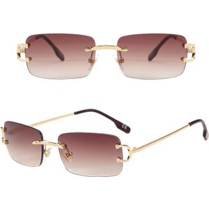 SDINM Rimless Sunglasses for Men Women Fashion Small Narrow Rectangle Sun Glasses Shades 90s Eyewear (Gradient Brown)