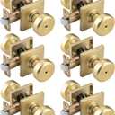 6 Pack Gold Interior Door Knobs for Bath & Bed, Pismo Doorknob Turn Lock with Square Rosette, Satin Brass Heavy Duty Door Knob with Lock