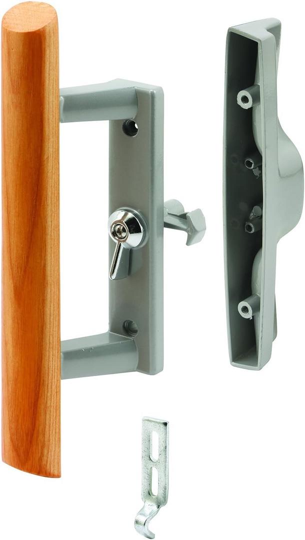 Prime-Line C 1018 3-15/16 In. Hole Center, Gray Diecast, Sliding Patio Door Handle with Wood Handle (Single Pack) (Aluminum)