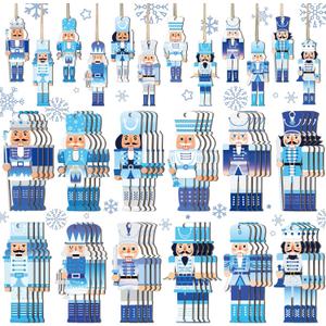 Pinkunn 48 Pcs Christmas Nutcrackers Ornament Set Blue and White Wooden Ornament Chinoiserie Hanging Wood Nutcrackers Sign Christmas Tree Decor for Holiday Party Decor Gifts(Blue Style)
