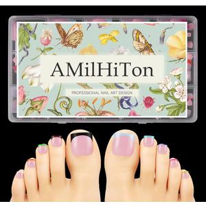 300PCS Long Square French Tip Toe Nail Tips for Wide Long Toenails, Soft Rose 10-Color Matte Full Cover Press-On Toenails, 15 Sizes that Finally Fit for DIY French Pedicure & Nail Salon