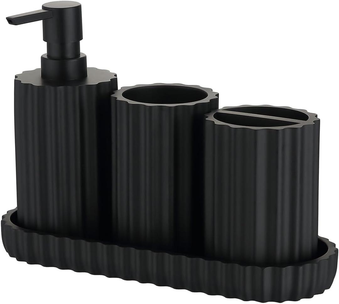Matte Black Bathroom Accessories Set 4 Pcs Resin Bathroom Accessory Set Includes Soap Dispenser Toothbrush Holder Vanity Tray Bathroom Tumbler