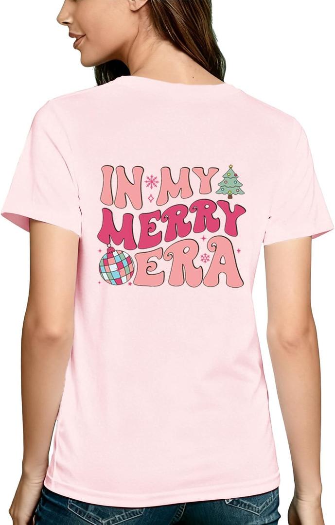 In My Merry Era T-Shirt Christmas Shirts for Women Front and Back Xmas Holiday Tree Graphic Tee Tops (Medium, Pink)