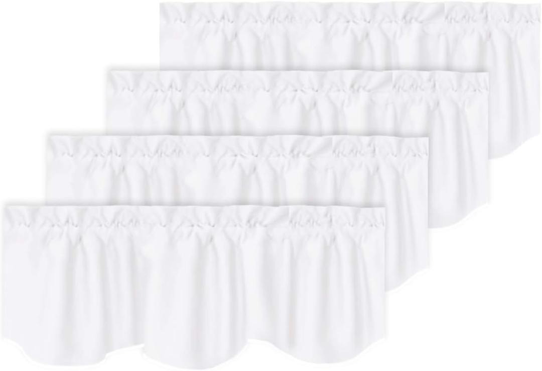 Turquoize Pure White Curtain Valance for Kitchen - 50% Blackout Rod Pocket Small Window Scalloped Valance Curtains for Living Room/Bathroom, 52" x 18" Inches, 4 Panels, White