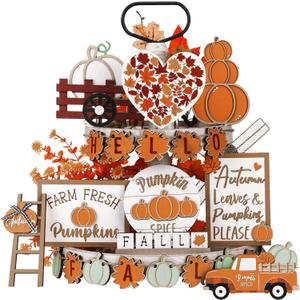 Maitys 23 Pcs Thanksgiving Tiered Tray Decoration Set Fall Pumpkin Maple Leaf Truck Wooden Sign Table Centerpieces Decor for Autumn Thanksgiving Day Farmhouse Kitchen Table Shelf Supplies