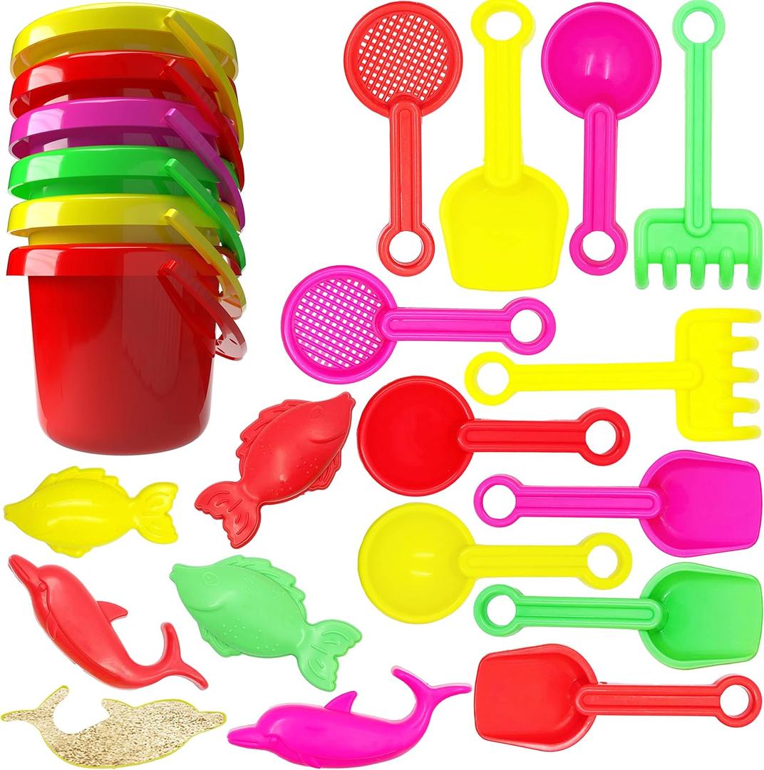 The Dreidel Company Mini Beach Day Playsets (Pack of 6) 3.25" Sand Bucket Play Set Box Includes, Pail, Shovel, Rake, Sifter Scoop, Dolphin Fish Sand Trays Toy for Boys and Girls Birthday Party Favor