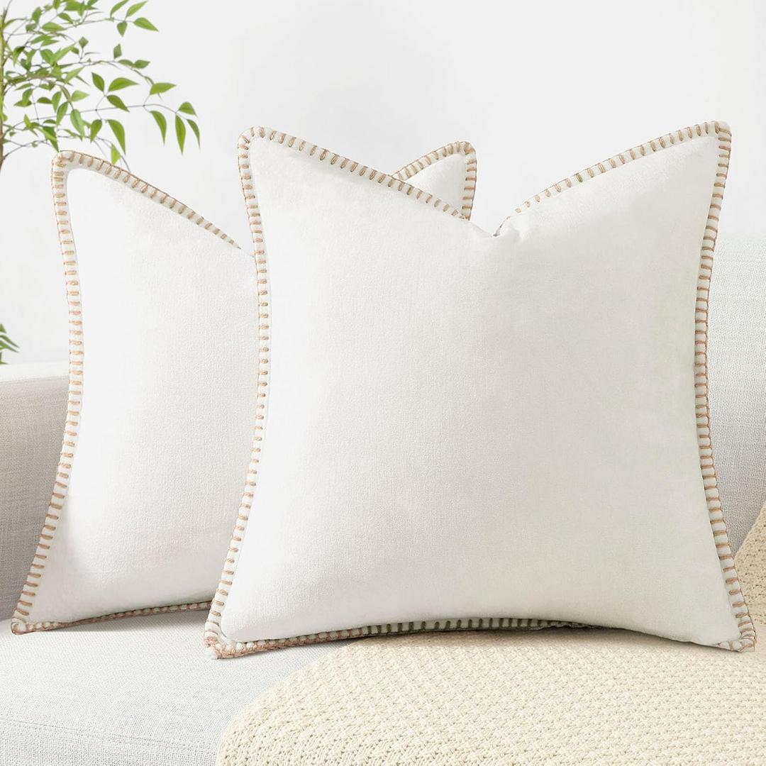 decorUhome Chenille Soft Throw Pillow Covers 18x18 Set of 2, Farmhouse Velvet Neutral Decorative Pillow Covers with Stitched Edge for Couch Sofa Bed Home Decor, Cream White