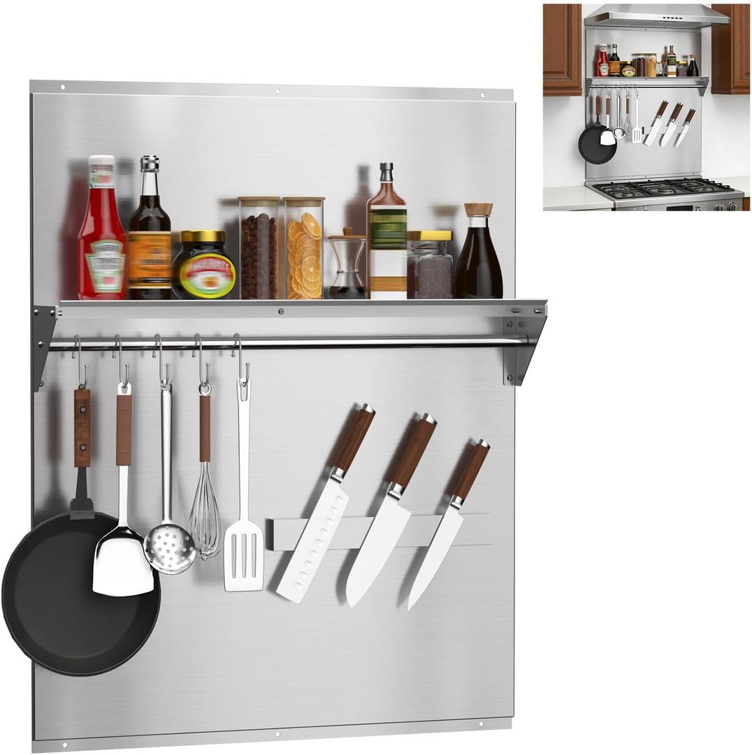 24"x30" Stainless Steel Range Backsplash, Stove Backsplash With Storage Shelf & Magnetic Knife Rack, Stainless Steel Backsplash For Stove, Range Hood Wall Shield With Pre-Drilled Holes