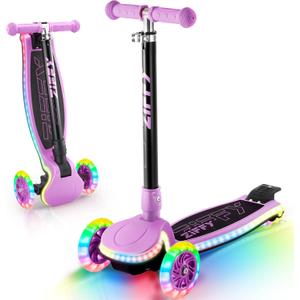 ZIFFY 3-Wheel Light-Up Kids Scooter, Kids Balance Scooter for Boys Girls with 20 Dynamic LED Lights, 4 Adjustable Height, Lean-to-Steer Design with Anti-Slip Wide Deck for Stability - Up to 110LBS (Purple)