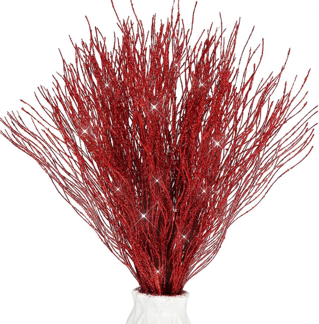 Lyrow 30 Pcs 17 Inch Christmas Glitter Curly Ting Ting Branches Sticks Stems Decorative Vase Filler Branches Artificial Curly Wispy Willow Twigs for Christmas Wreath Home Craft Decor (Red)