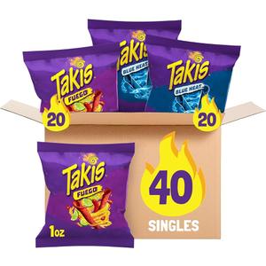  Takis Mini Fuego Chili and Pepper Lime Tortilla Chips and Blue Heat, 28 gm, (04010186) (Pack of 40) BBD:02-24-26